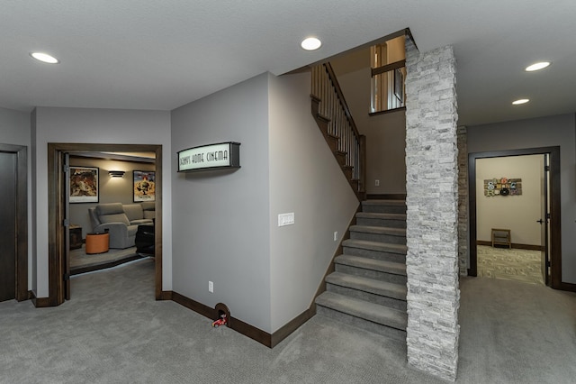 stairway featuring carpet flooring, recessed lighting, and baseboards