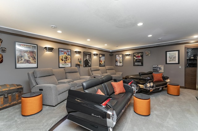 carpeted home theater room featuring recessed lighting