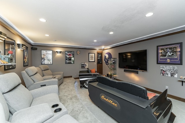 cinema with recessed lighting, baseboards, and light carpet