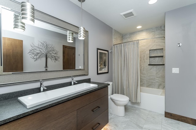 full bathroom with visible vents, toilet, shower / bath combo, recessed lighting, and vanity