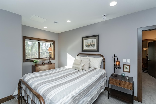 carpeted bedroom with recessed lighting and baseboards