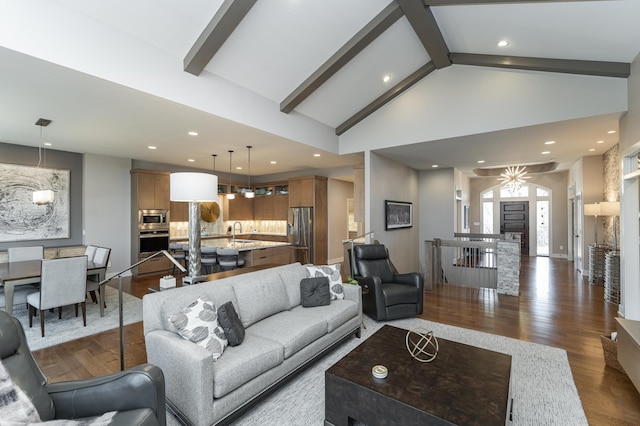 living room with dark wood-style floors, beamed ceiling, recessed lighting, and high vaulted ceiling