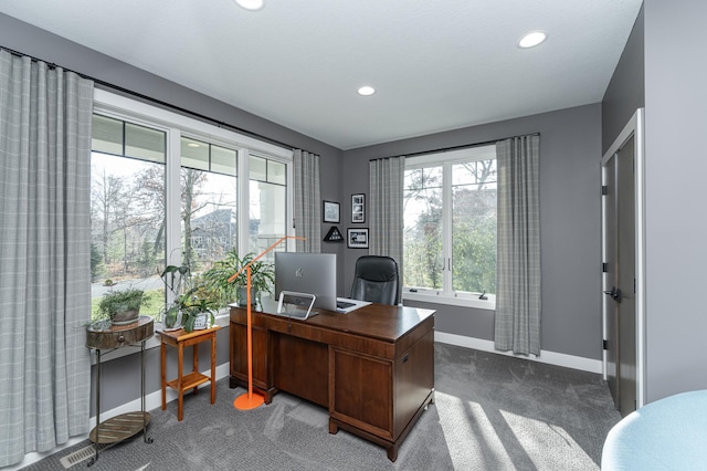 carpeted office space featuring baseboards, plenty of natural light, and recessed lighting