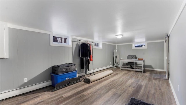 workout room with hardwood / wood-style floors, plenty of natural light, ornamental molding, and baseboard heating