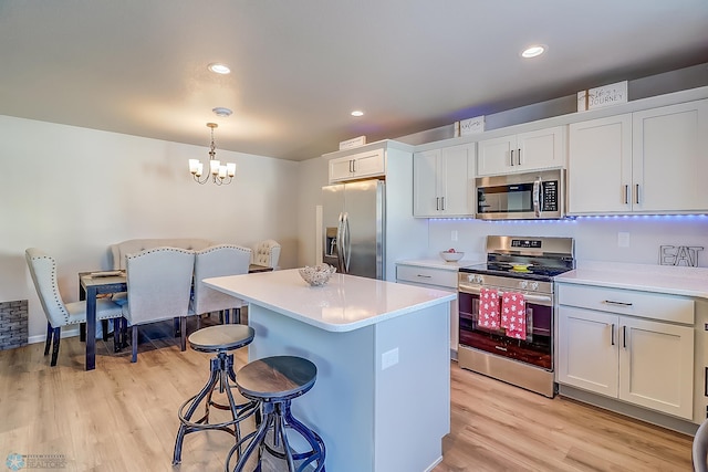 kitchen featuring light wood-type flooring, a kitchen island, pendant lighting, stainless steel appliances, and white cabinets