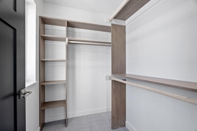 walk in closet featuring light colored carpet