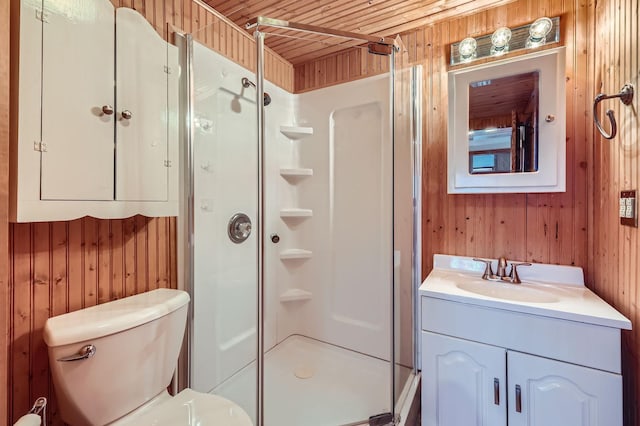 10740 230th St N, Scandia, MN 55073 - full bathroom featuring wood walls, a stall shower, and vanity