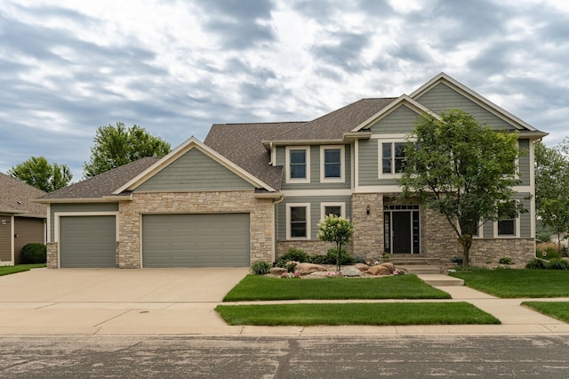 3942 Autumn Lake Ct SW, Rochester, MN 55902 - craftsman house with stone siding, a garage, driveway, a front lawn, and roof with shingles