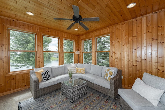 3942 Autumn Lake Ct SW, Rochester, MN 55902 - living area with wood walls, a ceiling fan, recessed lighting, wooden ceiling, and a water view
