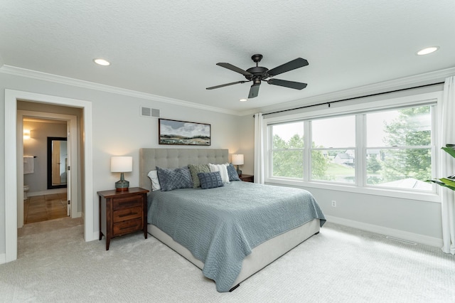 3942 Autumn Lake Ct SW, Rochester, MN 55902 - bedroom with light carpet, recessed lighting, ornamental molding, ceiling fan, and a textured ceiling