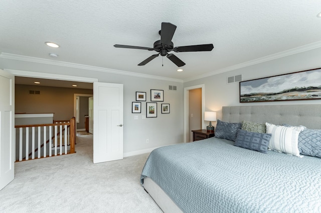 3942 Autumn Lake Ct SW, Rochester, MN 55902 - bedroom with carpet flooring, recessed lighting, crown molding, a ceiling fan, and a textured ceiling