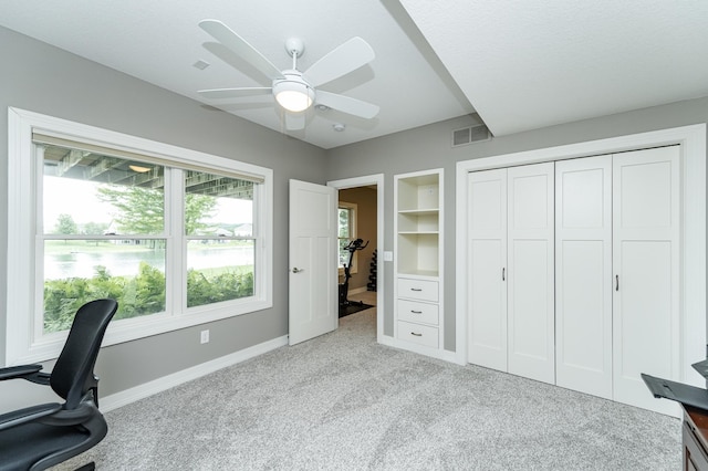 3942 Autumn Lake Ct SW, Rochester, MN 55902 - office area featuring carpet floors, a ceiling fan, and built in features