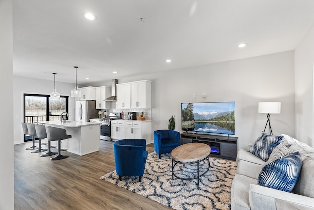 living room with dark hardwood / wood-style floors and sink