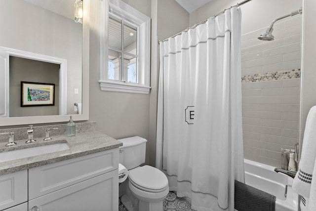 full bathroom featuring shower / tub combo, vanity, and toilet