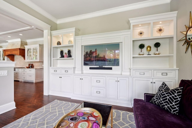 living room featuring crown molding and dark hardwood / wood-style flooring