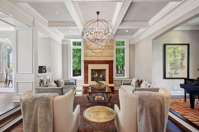 living room featuring beamed ceiling, coffered ceiling, and dark wood-type flooring