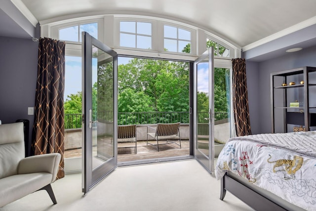 bedroom with vaulted ceiling, carpet floors, and access to outside