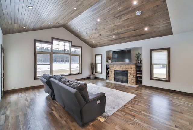 living room with lofted ceiling, wooden ceiling, dark hardwood / wood-style flooring, and a fireplace