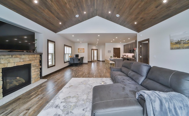 living room with wood ceiling, high vaulted ceiling, and dark hardwood / wood-style floors