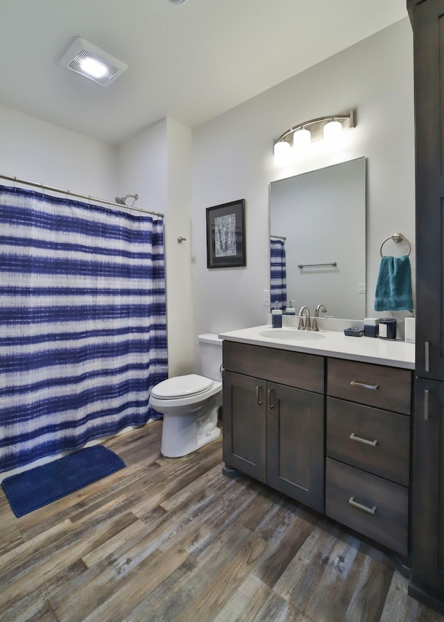 bathroom with vanity, wood-type flooring, and toilet