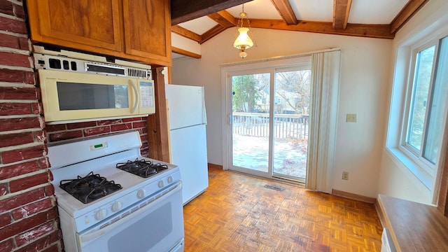 kitchen with lofted ceiling with beams, light parquet flooring, white appliances, and decorative light fixtures