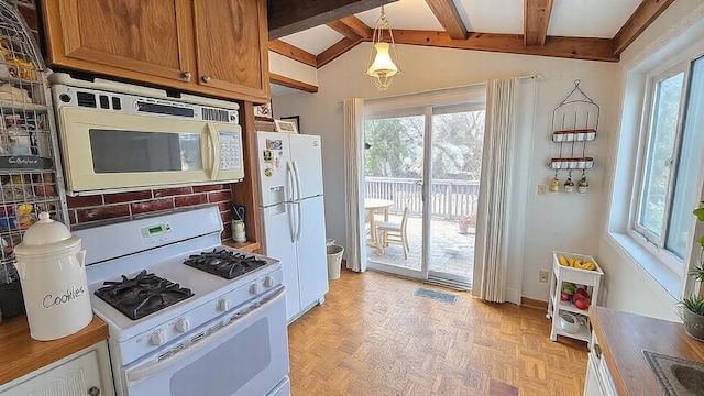 kitchen with white appliances, visible vents, brown cabinetry, lofted ceiling with beams, and pendant lighting