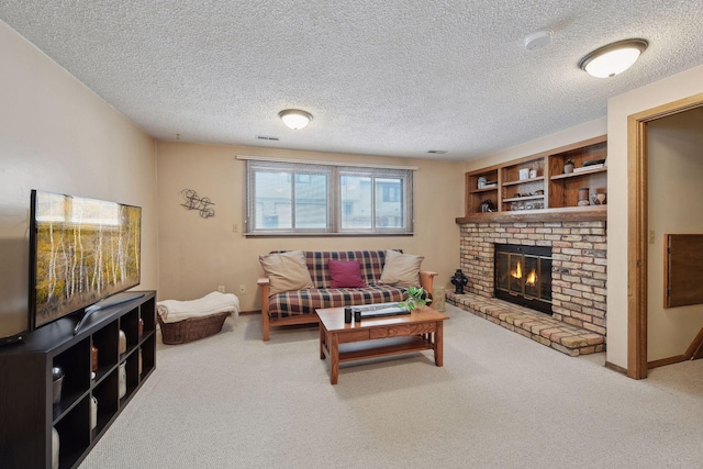 carpeted living room featuring a textured ceiling, a brick fireplace, visible vents, and baseboards