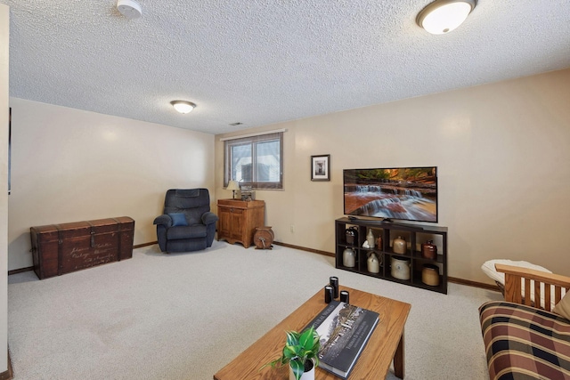 living room featuring a textured ceiling, baseboards, and carpet flooring