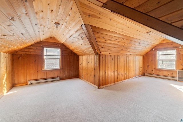 additional living space featuring wood ceiling, vaulted ceiling, wood walls, and baseboard heating