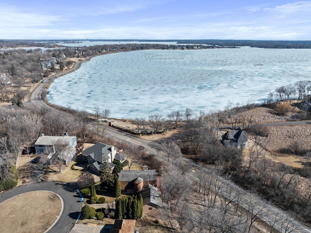 drone / aerial view featuring a water view