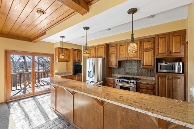 kitchen featuring stainless steel appliances, tasteful backsplash, brown cabinetry, light stone countertops, and wooden ceiling