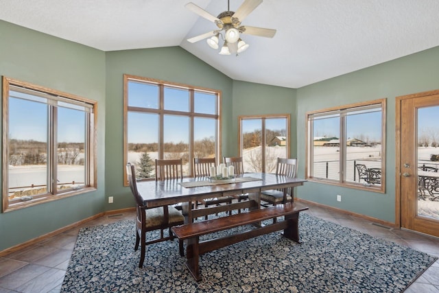 dining space featuring lofted ceiling, a wealth of natural light, and baseboards