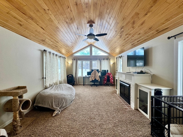 bedroom with wood ceiling, ceiling fan, vaulted ceiling, and carpet floors