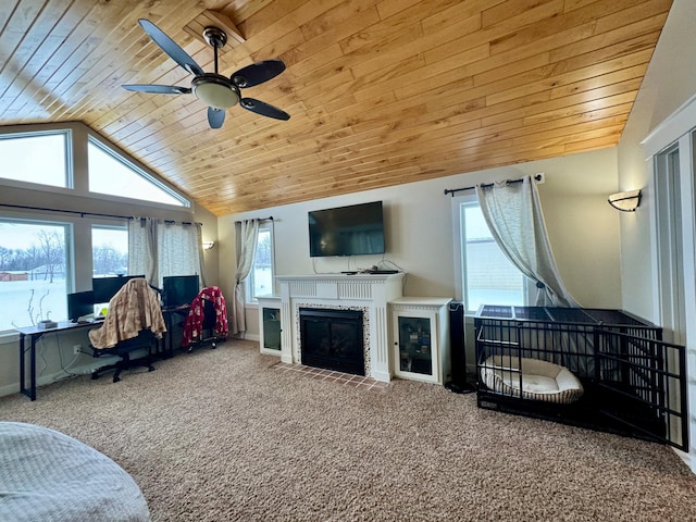 carpeted living room with lofted ceiling, ceiling fan, wooden ceiling, and a healthy amount of sunlight