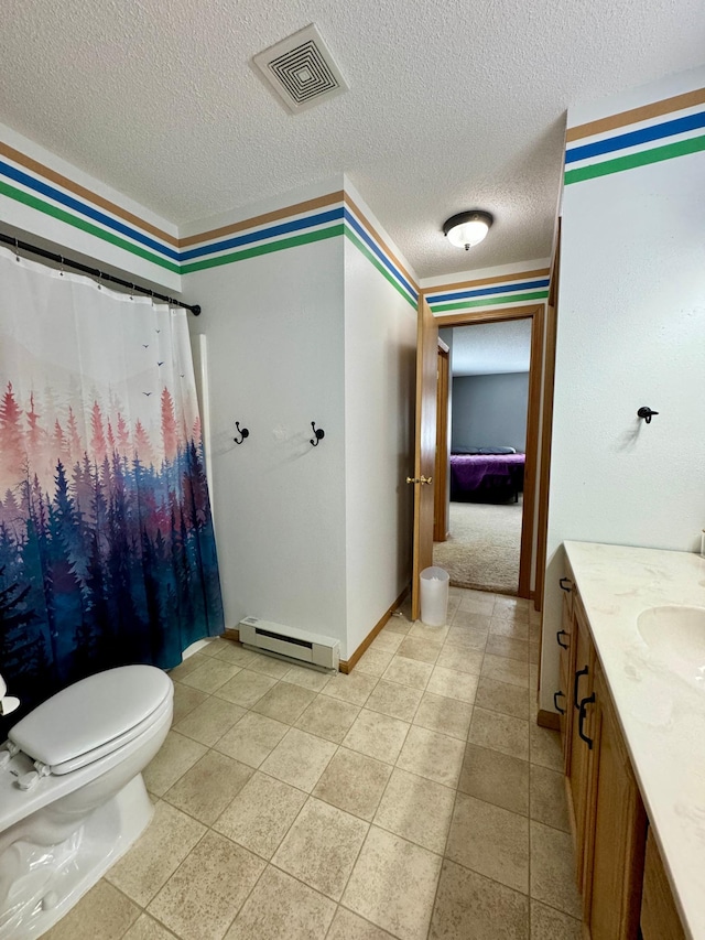 bathroom with baseboard heating, vanity, a textured ceiling, curtained shower, and toilet