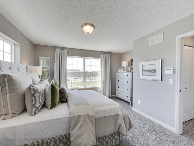 carpeted bedroom featuring multiple windows and a textured ceiling