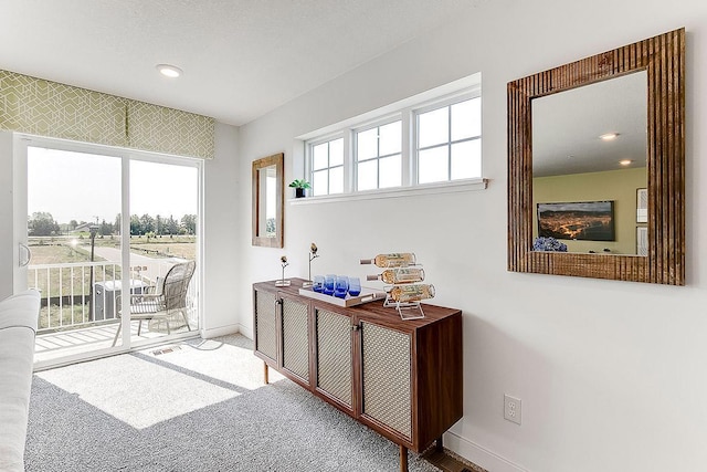 doorway to outside featuring carpet floors and a wealth of natural light