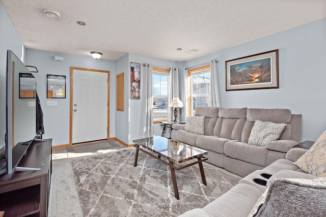 living room with a textured ceiling