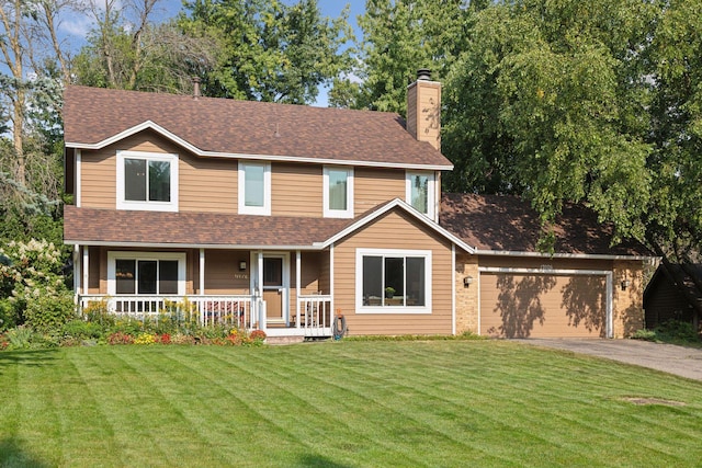 view of front of home with a porch, a garage, and a front lawn