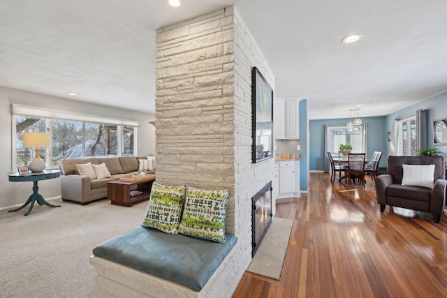 living room featuring wood-type flooring and a fireplace