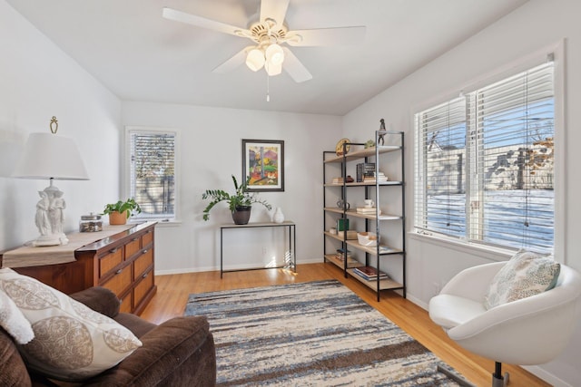 living area with ceiling fan, a wealth of natural light, and light wood-type flooring