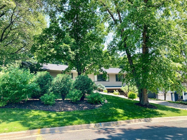 obstructed view of property with a front lawn