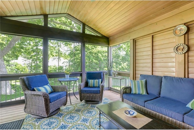 sunroom / solarium with wood ceiling and lofted ceiling