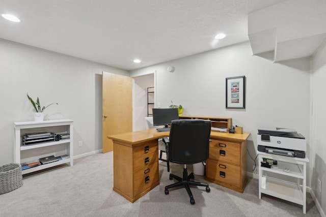 office with recessed lighting, baseboards, and light colored carpet