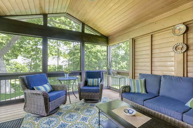 sunroom / solarium with lofted ceiling and wood ceiling