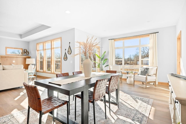 dining space featuring a tray ceiling and light hardwood / wood-style flooring