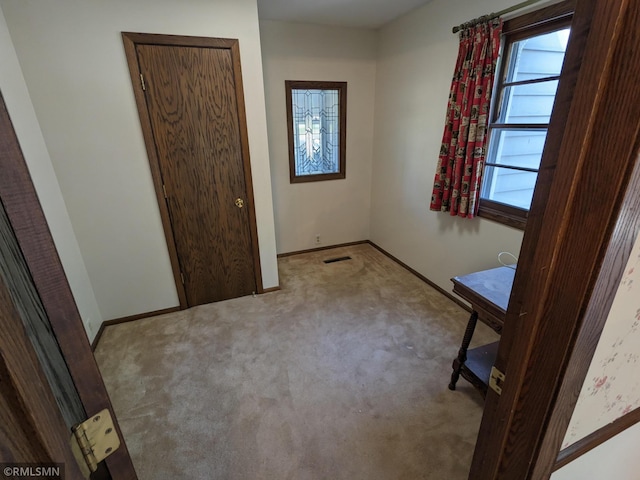 unfurnished bedroom featuring multiple windows and light colored carpet