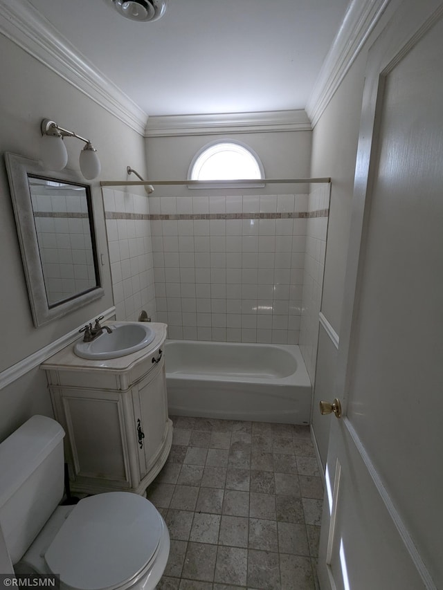 full bathroom with ornamental molding, toilet, tub / shower combination, and vanity