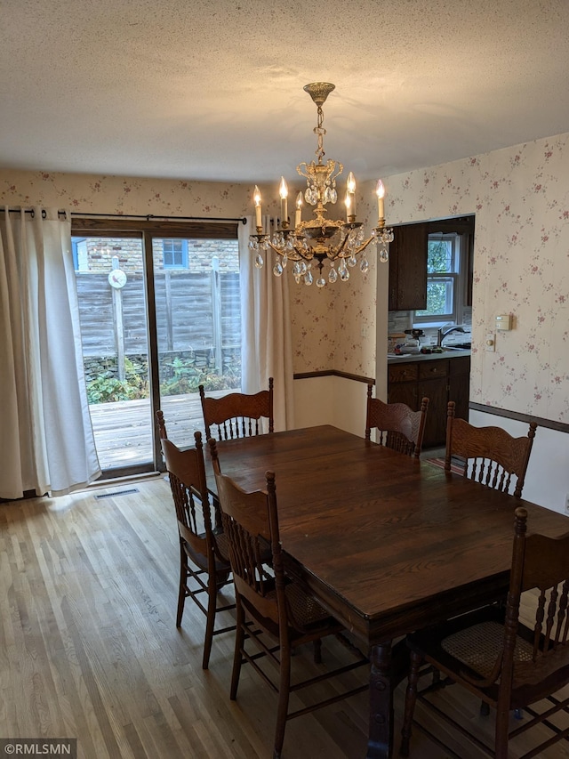 dining room featuring a healthy amount of sunlight, a textured ceiling, and light hardwood / wood-style floors