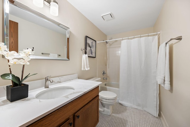 full bathroom featuring shower / bathtub combination with curtain, vanity, tile patterned floors, and toilet